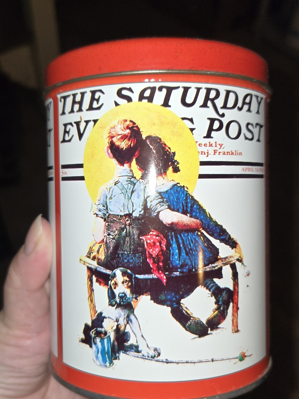 Vintage The Saturday Evening Post Norman Rockwell Cylinder Metal Tin Americana